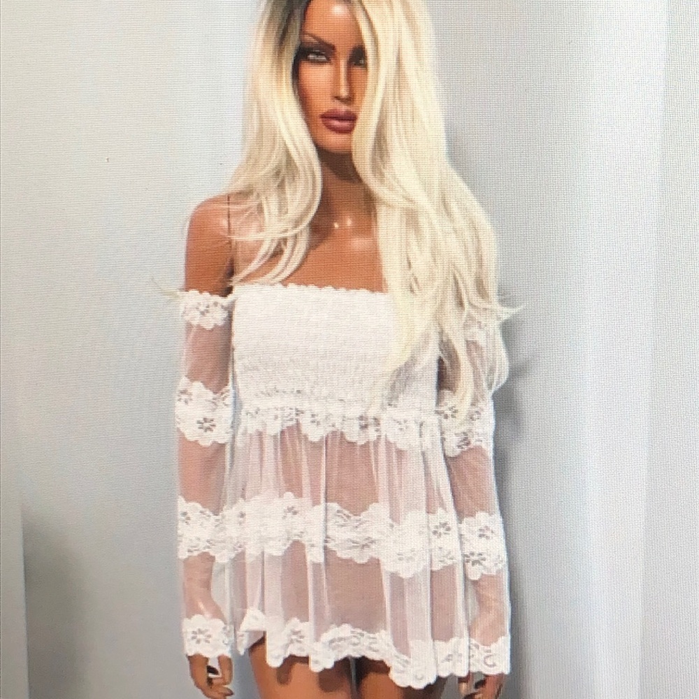White Lace Off Shoulder Babydoll Top Bell Sleeves Sheer Medium